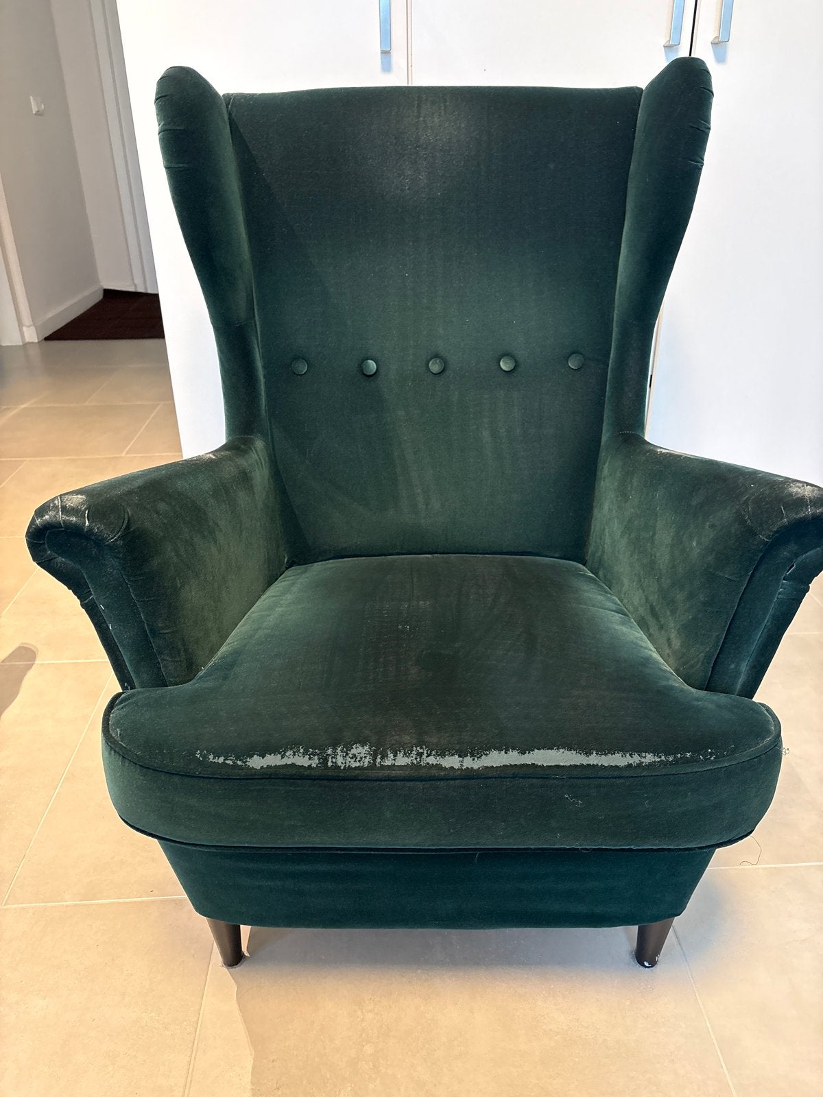 IKEA STRANDMON fauteuil donkergroen fluweel, Huis en Inrichting, Ophalen, Gebruikt, Stof, 75 tot 100 cm