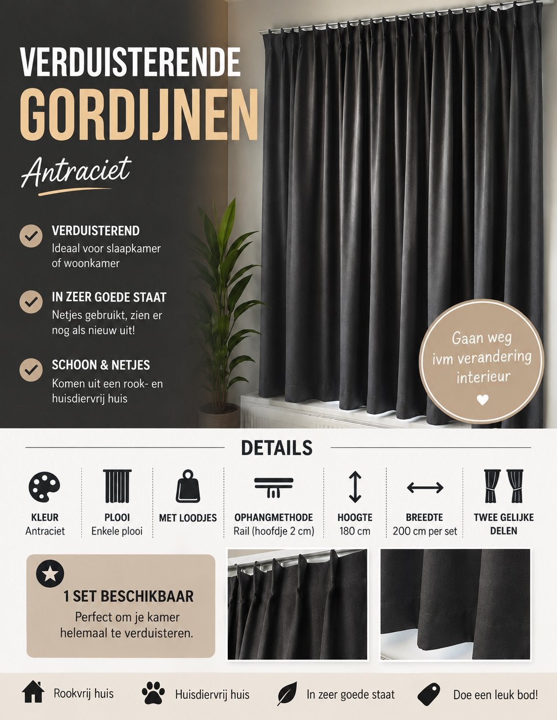 Verduisterende gordijnen - Antraciet, Ophalen, 200 cm, 180 cm, Zo goed als nieuw