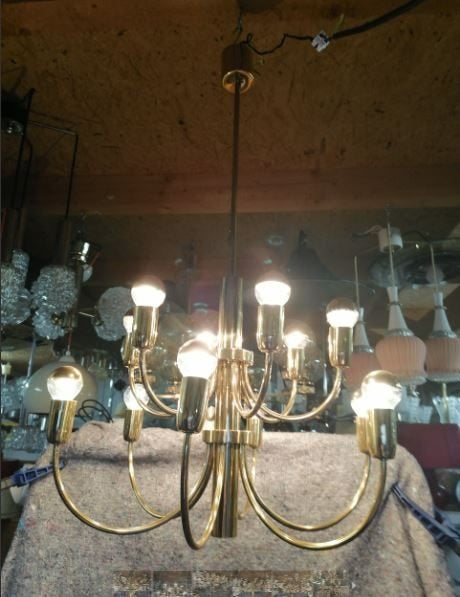 vintage Sciolari luster hanglamp 70er 12 lp., Ophalen, E14 (klein), Zo goed als nieuw, Metaal