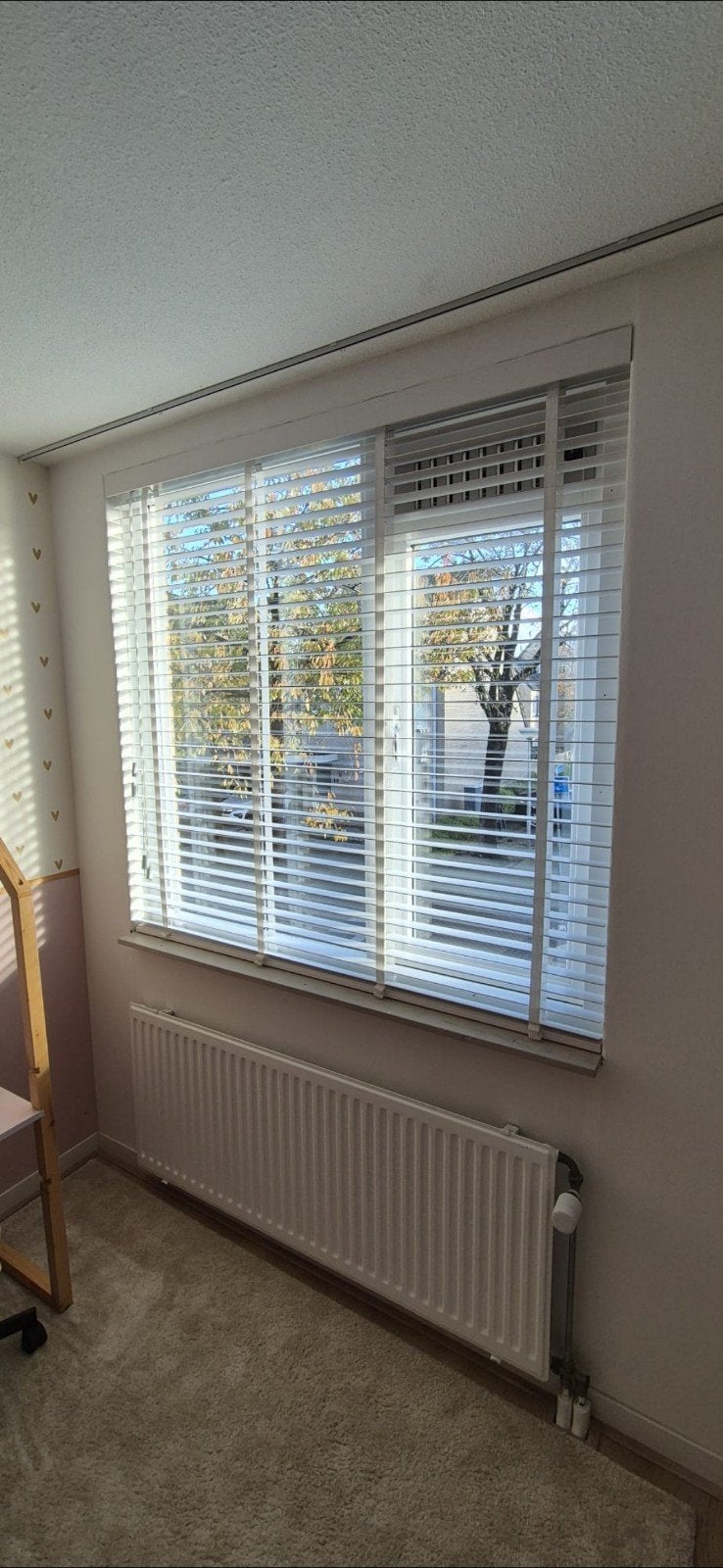 Raambekleding houten jaloezie met ladderband 169×130 (BxH), Ophalen, 150 tot 200 cm, Zo goed als nieuw, Wit