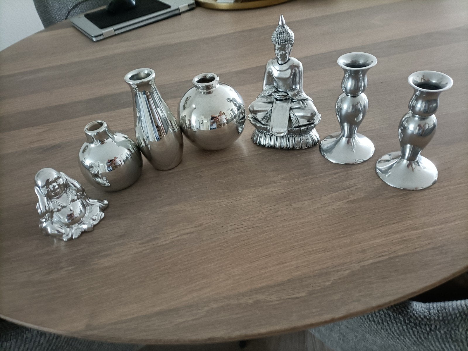 Zilverkleurige decoratie set - Vazen, Boeddha's, Kandelaars, Huis en Inrichting, Ophalen of Verzenden, Zo goed als nieuw, Zilver