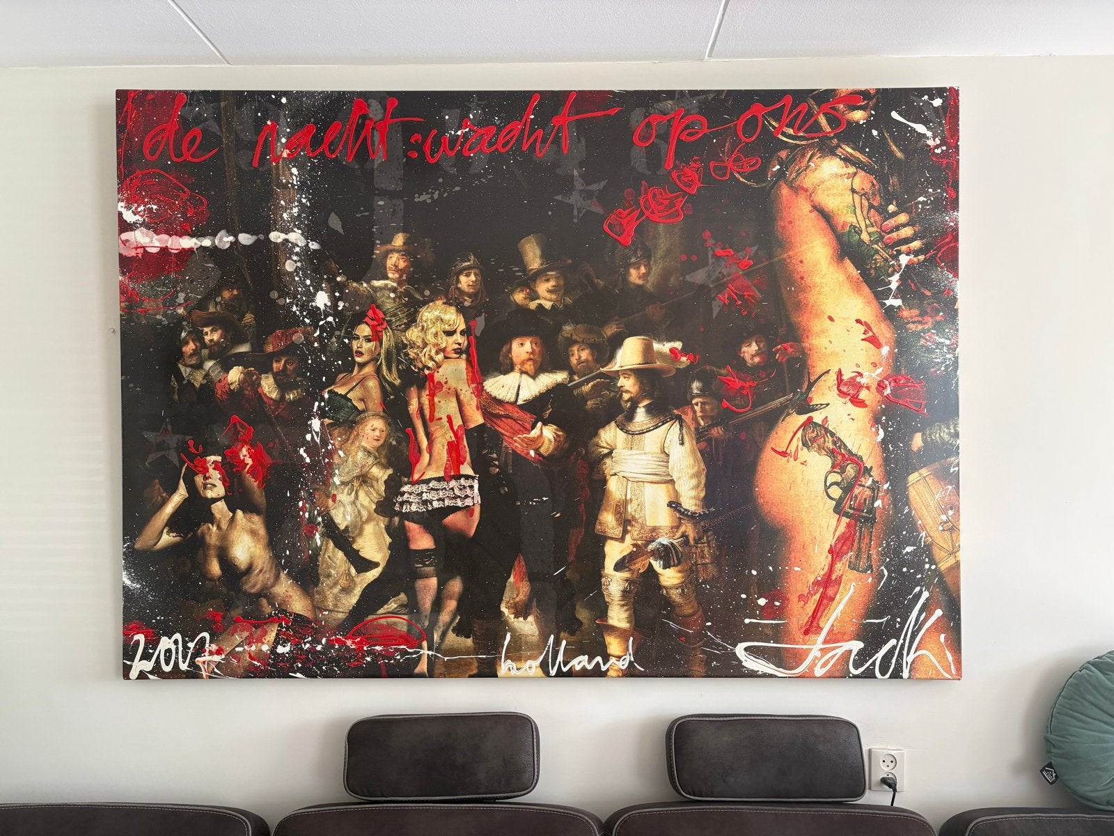 Schilderij van jack van Liemburg, 2 m bij 1m40, Ophalen, Figuren, Gesigneerd, Gemengde techniek