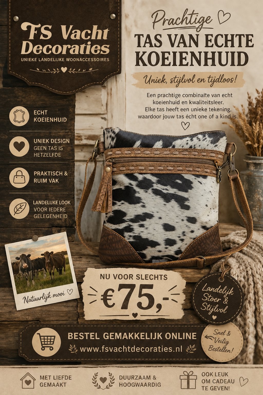Koeienhuid tas, Overige merken, Overige kleuren, Nieuw, Ophalen of Verzenden