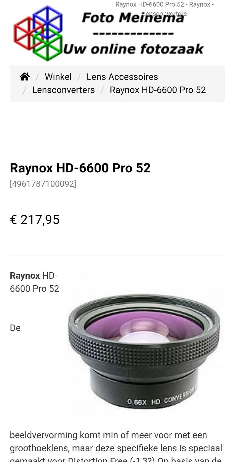 Raynox hd dcr 6600 pro 52 72 nieuw groothoek lens o.a canon, Ophalen of Verzenden, Nieuw