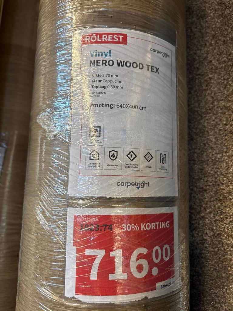 Nieuw Vinyl Vloer Rolrest Nero Wood Tex Cappuccino 640x400cm, Ophalen, Bruin, Nieuw, 25 tot 50 m²