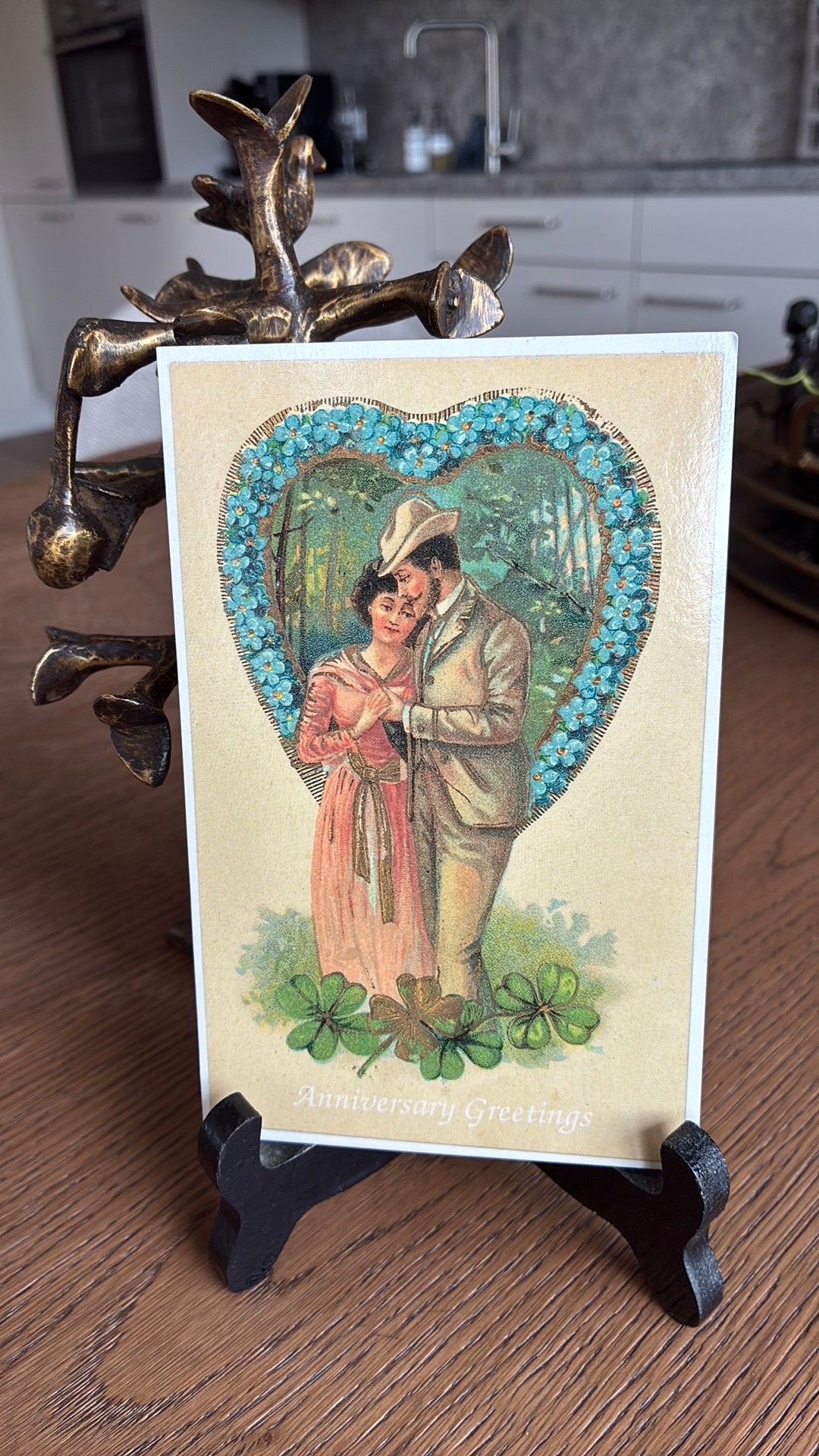 Verjaarsgroet.Hart van vergeetmijnietjes, klaver, Ophalen of Verzenden, Voor 1920, Ongelopen