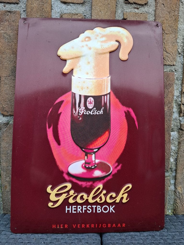 Zeldzaam reclamebord Grolsch Herfstbok, Verzamelen, Biermerken, Ophalen of Verzenden, Nieuw, Reclamebord, Plaat of Schild, Grolsch