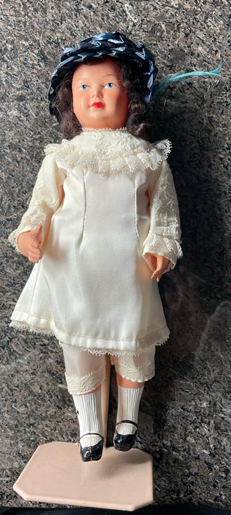 Vintage celluloid pop op staander Petitcollin pop nr 270, Verzamelen, Poppen, Ophalen of Verzenden, Gebruikt, Pop