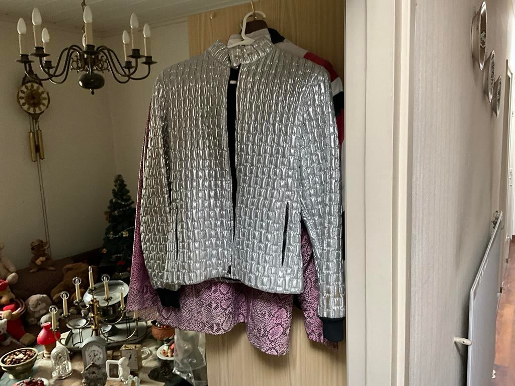 Vintage Zilverkleurige jas en patchwork leren jas Teab, Ophalen, Gedragen, Maat 38/40 (M), Overige kleuren