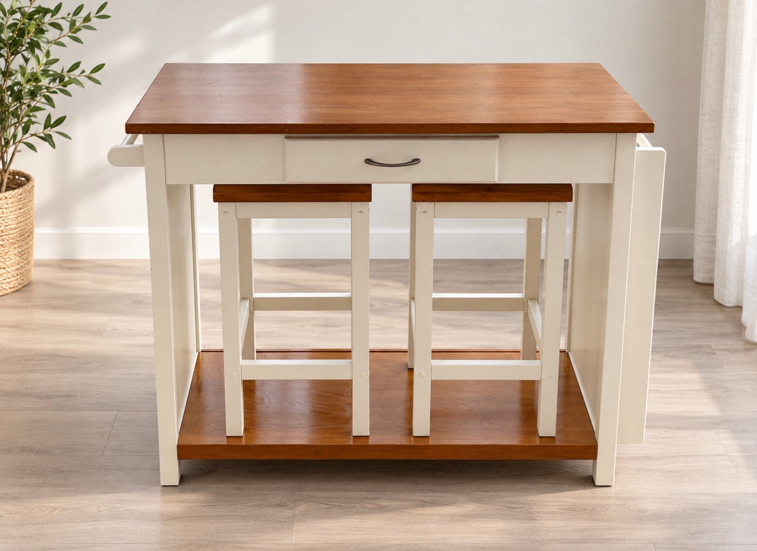 Keukeneiland / bartafel met 2 krukken – wit met houten blad, Ophalen, Gebruikt, Inclusief barstoelen