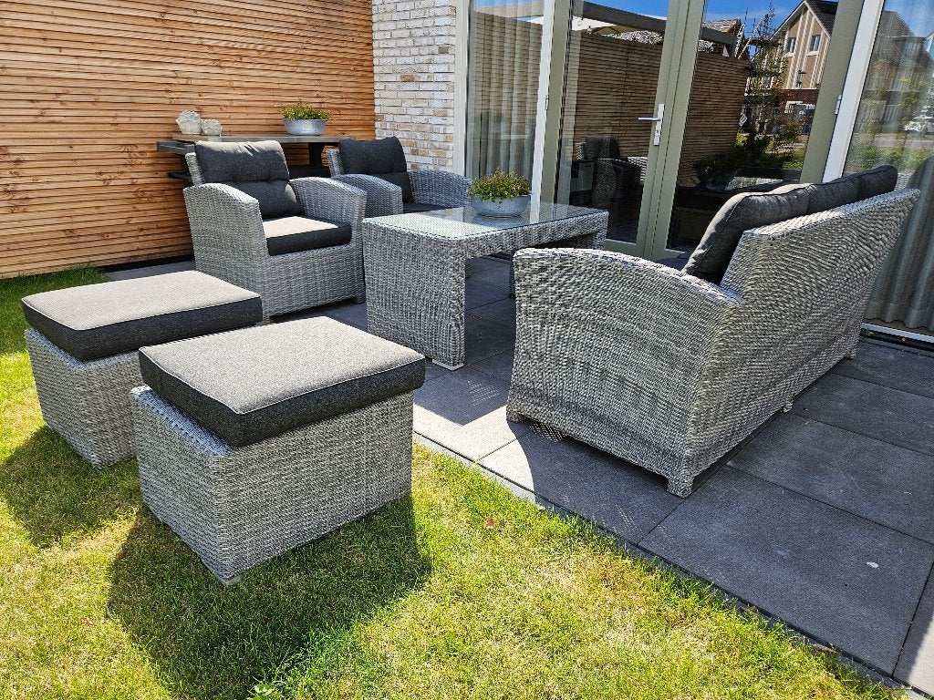 Tuinset wicker grijs bank, stoelen, krukken en een tafel, Ophalen, Loungeset, Wicker, 7 zitplaatsen