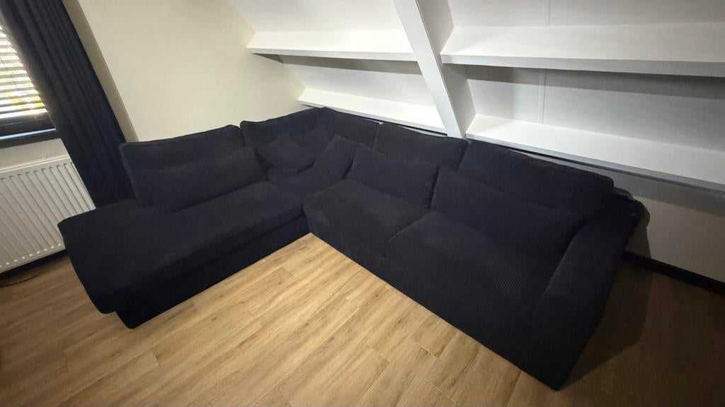 Zwarte hoekbank van stof, Ophalen, 100 tot 125 cm, Hoekbank, 300 cm of meer