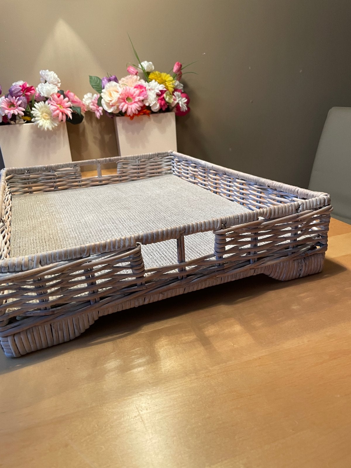 Rotan dienblad met linnen inleg, Ophalen, Gebruikt, Landelijk, Natuurlijk materiaal