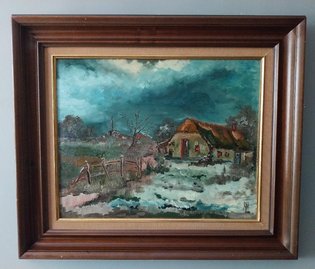 Dorpszicht - Winter - 1960, Antiek en Kunst, Kunst | Schilderijen | Klassiek, Ophalen of Verzenden