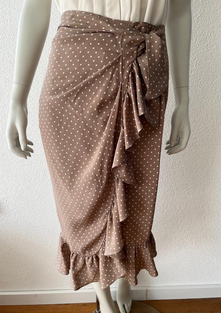 Max Mara zijden wikkelrok EU38 bruin stippen ruche zomer, Maat 38/40 (M), Bruin, Verzenden, Max Mara