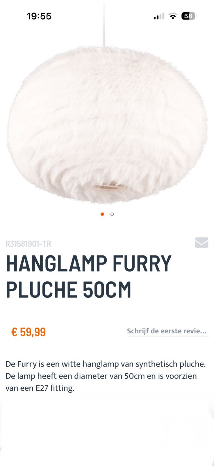 HANGLAMP FURRY PLUCHE 50CM, Ophalen of Verzenden, Nieuw, Minder dan 50 cm