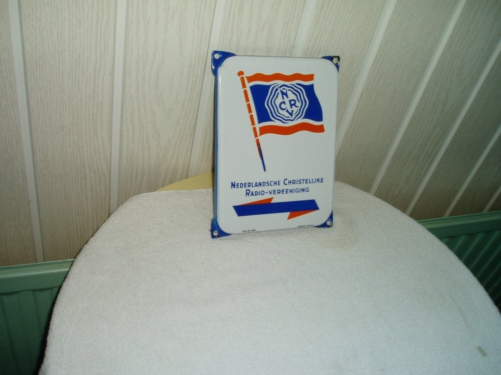 N.C.R Emaille bord in mooie staat  Langcat, Ophalen of Verzenden, Gebruikt, Reclamebord