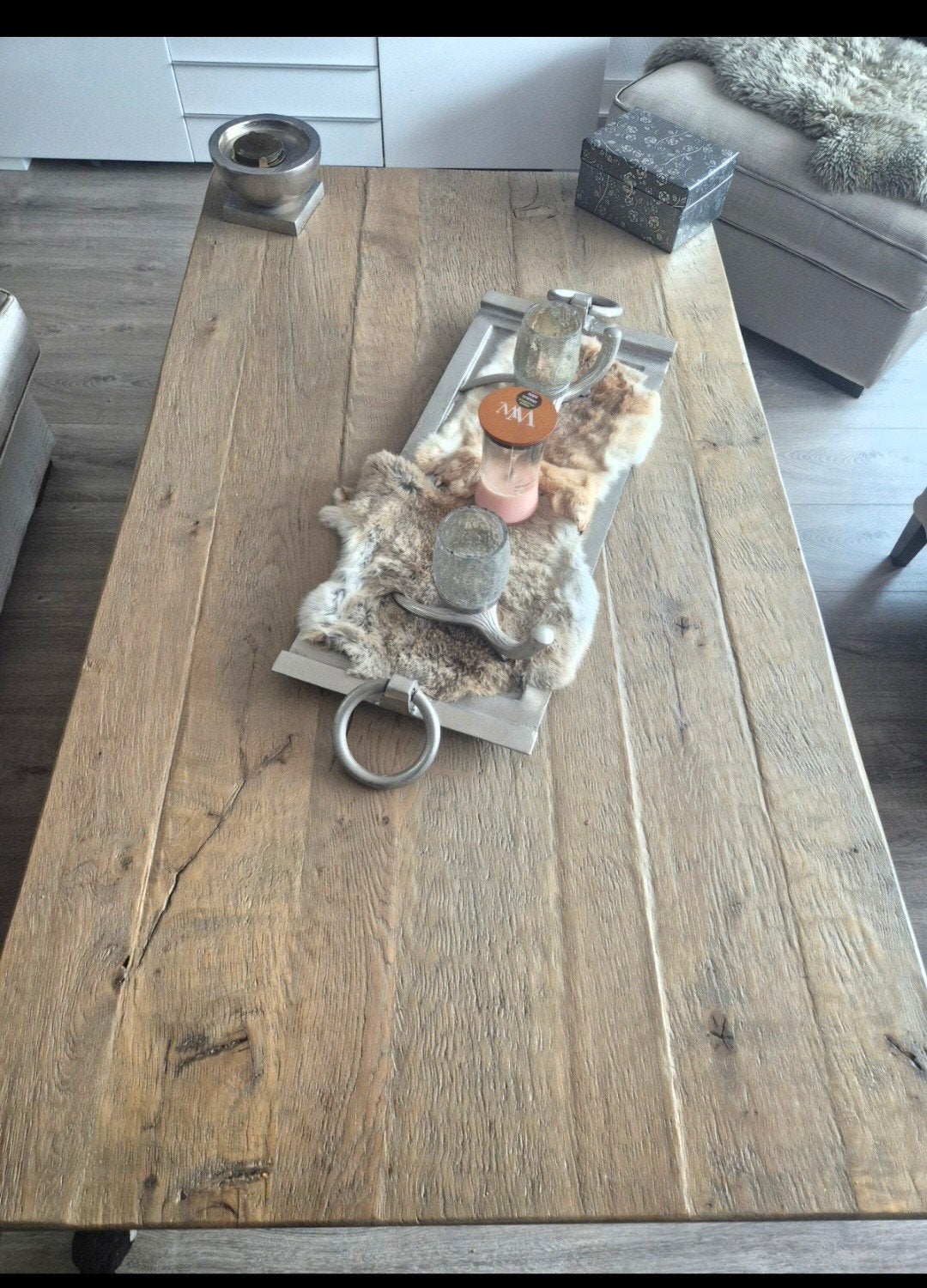 Robuuste eikenhouten rofra salontafel, Huis en Inrichting, Tafels | Salontafels, Landelijk, Industrieel, Robuust, 100 tot 150 cm