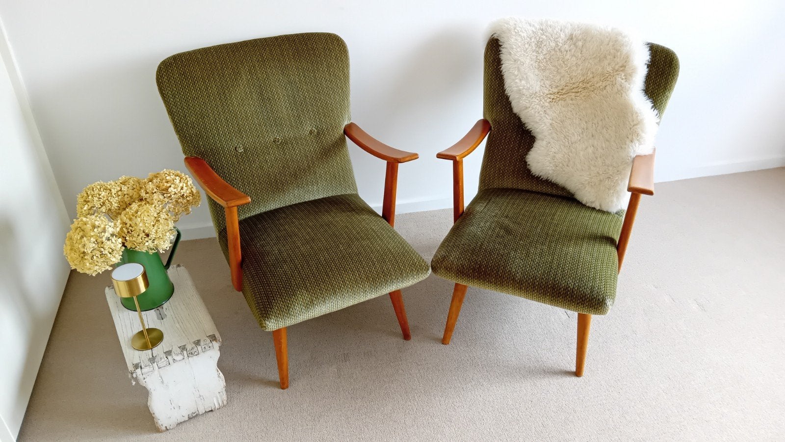 Retro Vintage Fauteuils - Groen - Nette Staat, Ophalen, Hout, Minder dan 50 cm, Gebruikt