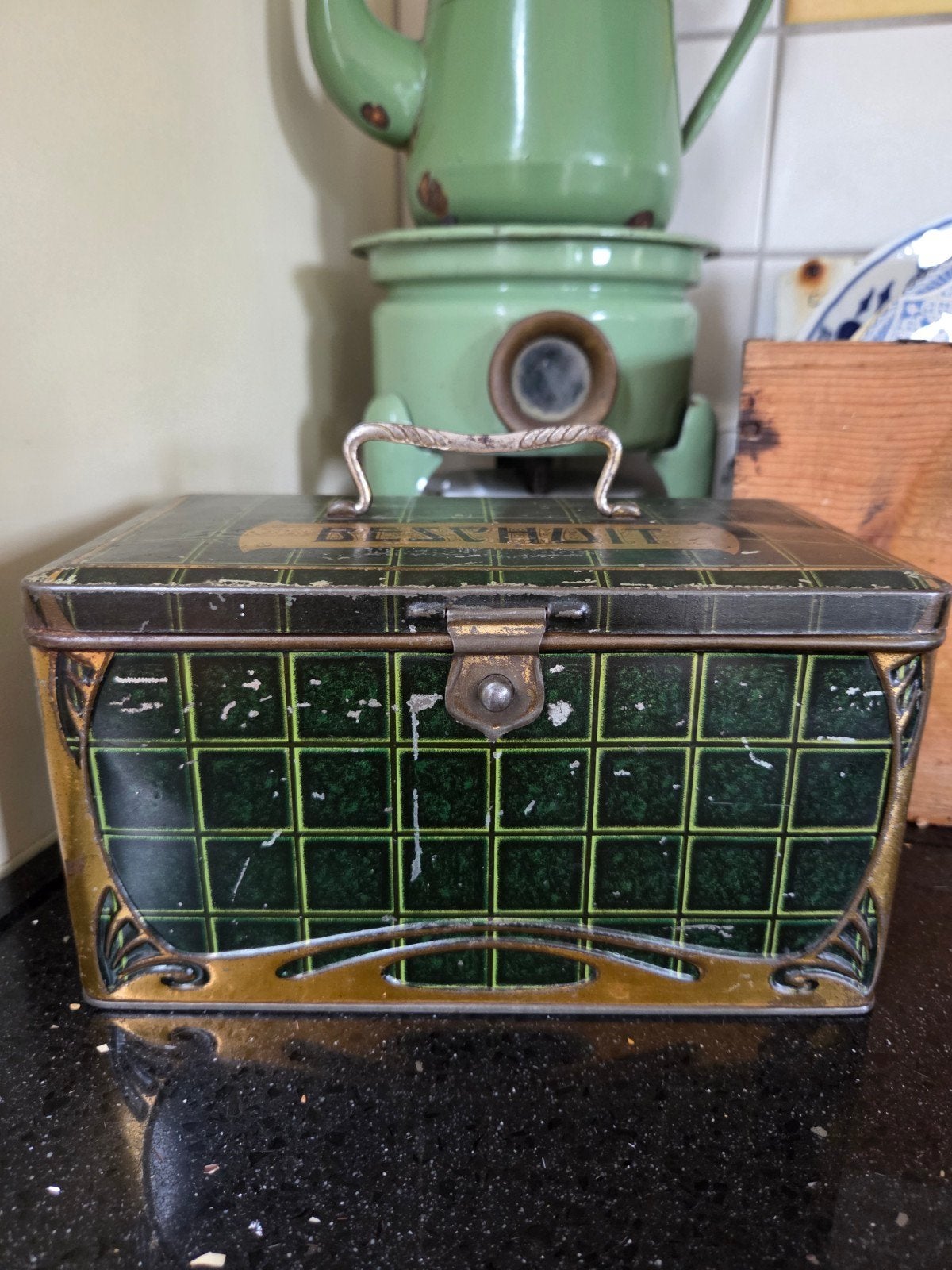 Art nouveau antiek beschuitblik groen/goud, Antiek en Kunst, Ophalen of Verzenden