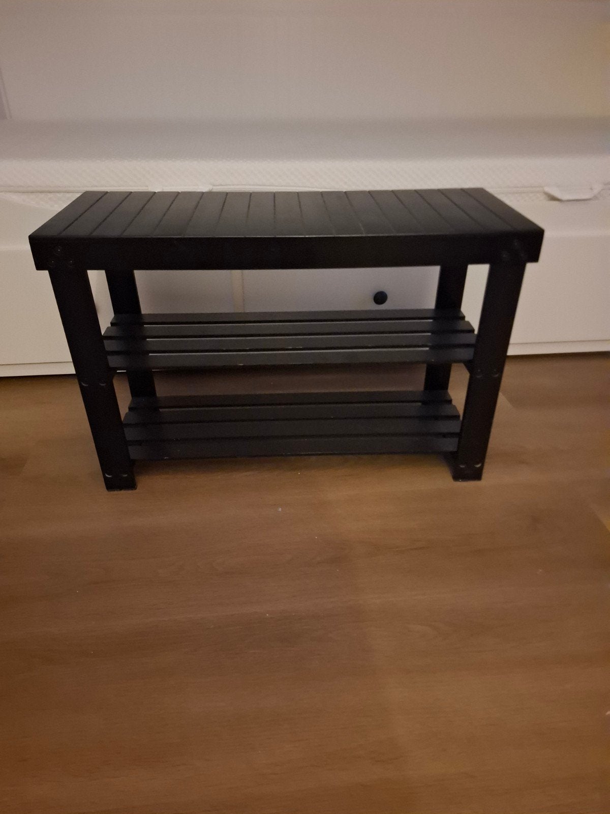 Zwart houten schoenenrek / bankje met 2 planken, Ophalen of Verzenden