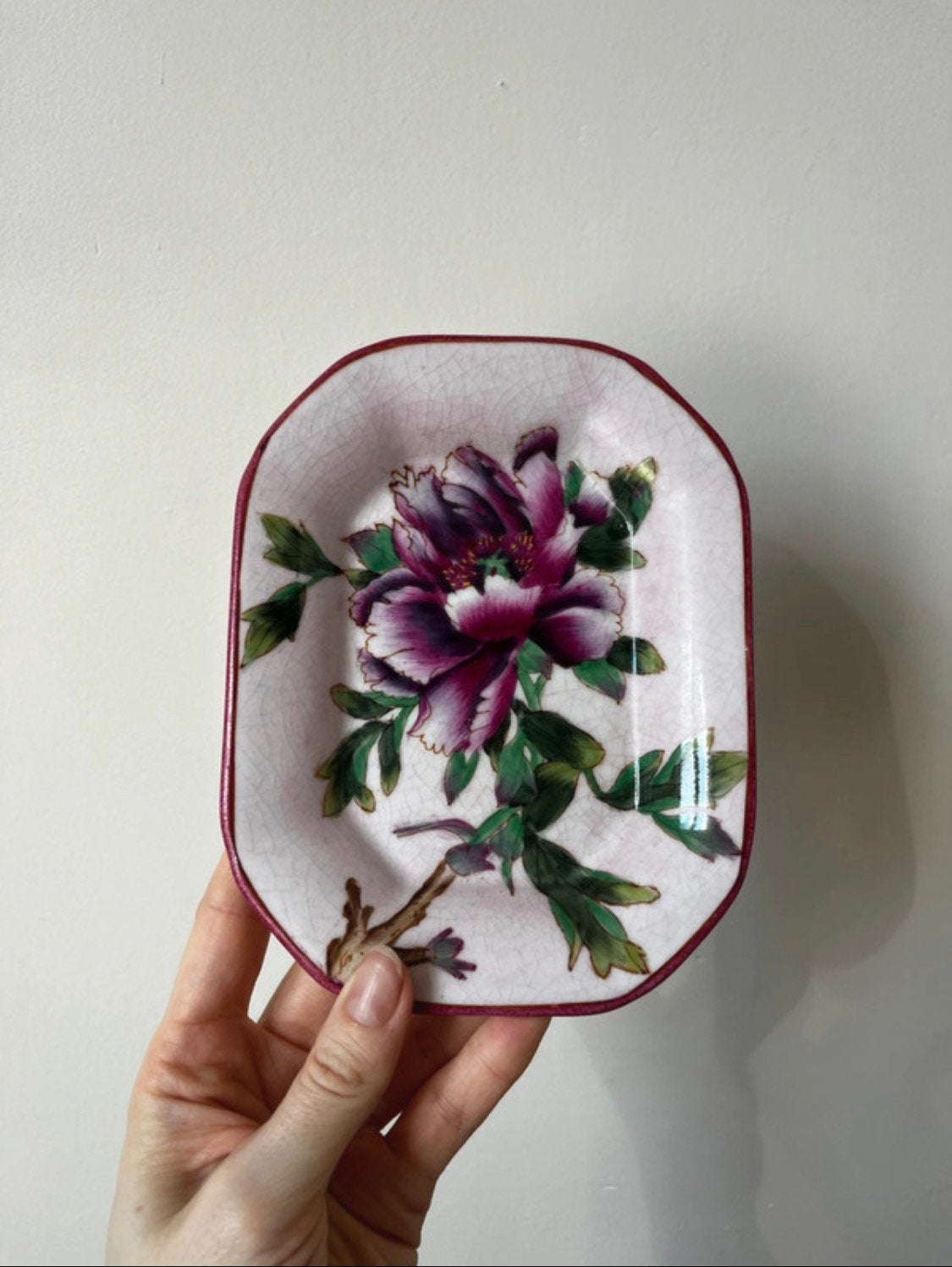 Vintage schaaltje/bordje met bloem, 17x13cm. Brocante boho, Gebruikt, Overige merken, Verzenden, Vintage