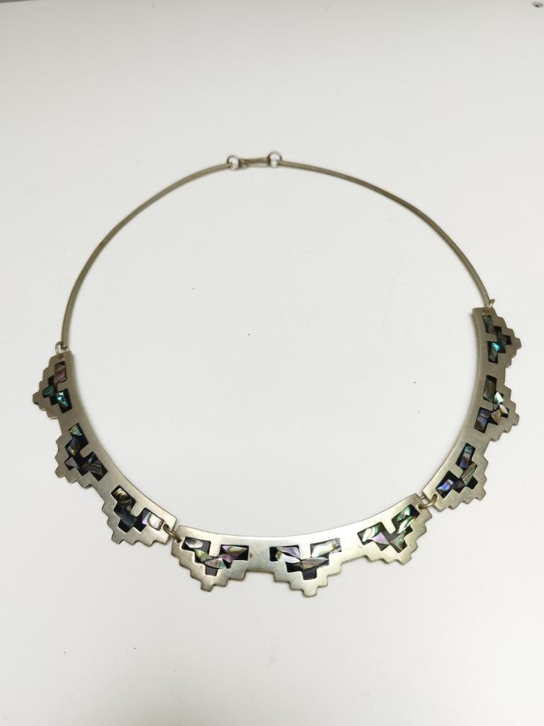 Mexican Aztek Sterling zilver 925 Ketting ingelegd, Verzenden, Zo goed als nieuw, Met edelsteen, Zilver