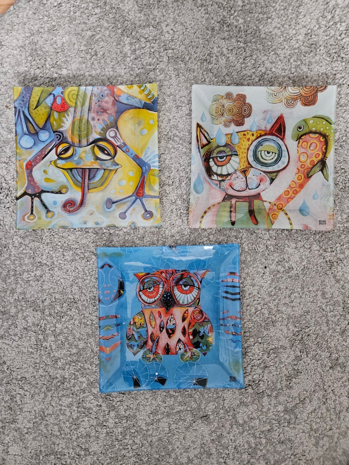 3x Glazen serveer schaal 20 x 20 cm met vrolijke dierenprint, Ophalen, Schaal, Vierkant, Glas