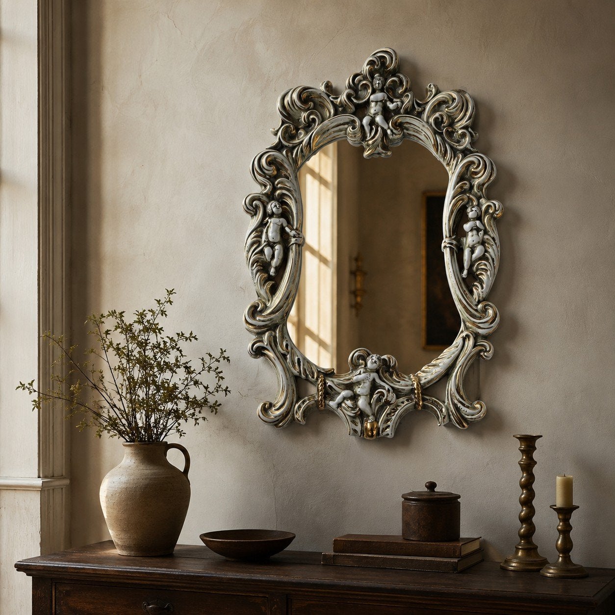 Vintage Italiaans/Sammarinees Rococo Porseleinen Spiegel, Antiek en Kunst, Ophalen of Verzenden, Ovaal, Minder dan 50 cm