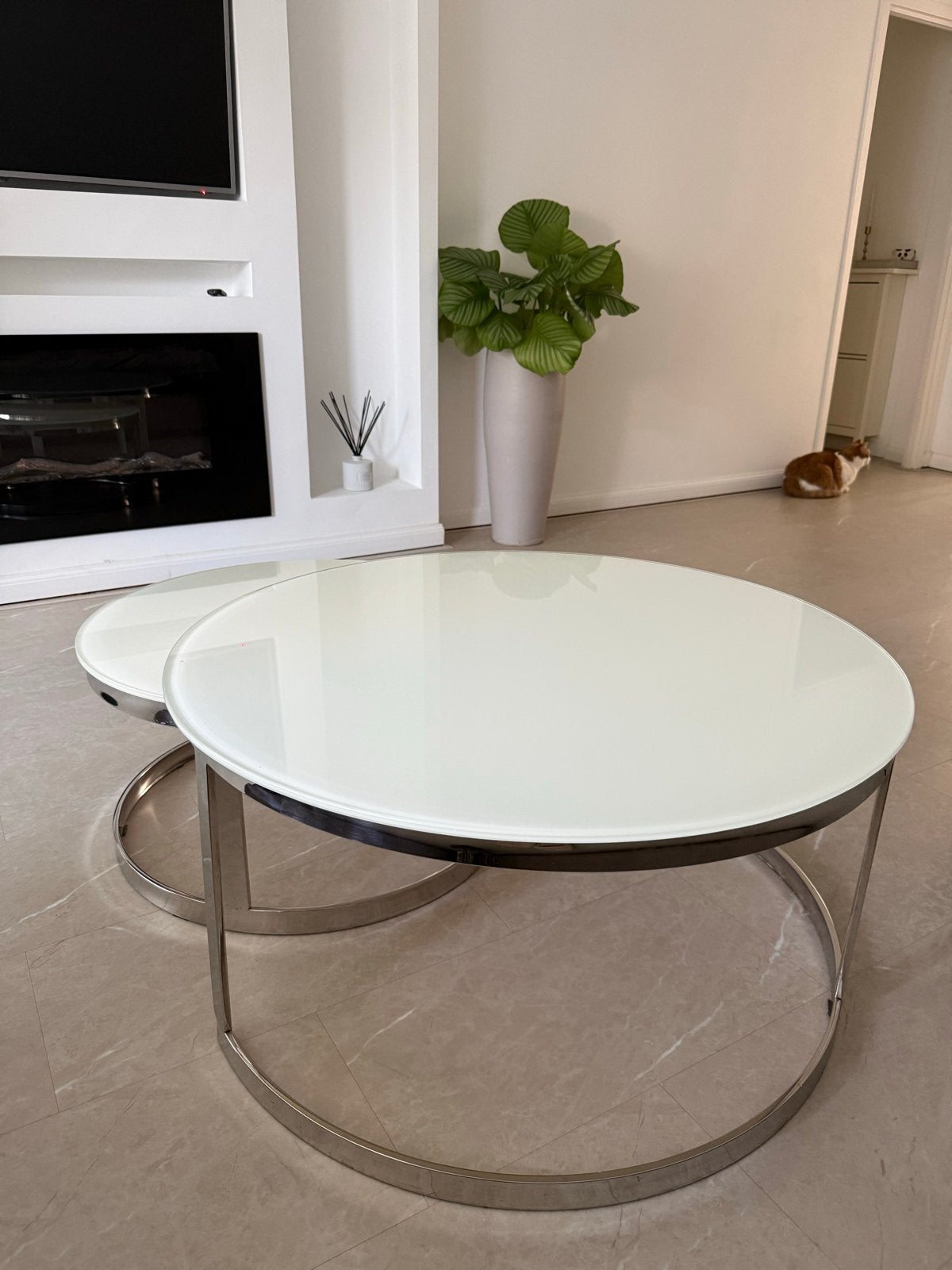 Set van 2 ronde salontafels met glasplaat, Ophalen, Gebruikt, Rond, Glas