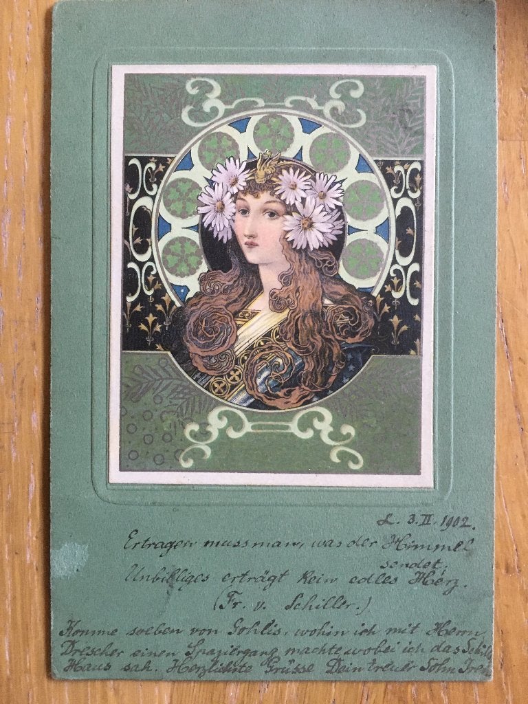 Mucha style litho in groentinten vrouw, Verzamelen, Ophalen of Verzenden, Voor 1920, Gelopen, Overige thema's