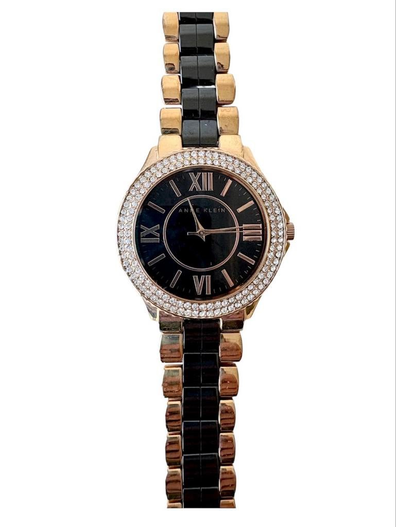 Anne Klein Dameshorloge met Strass en Zwart/Goud Bandje, Overige merken, Overige materialen, Gebruikt, Polshorloge