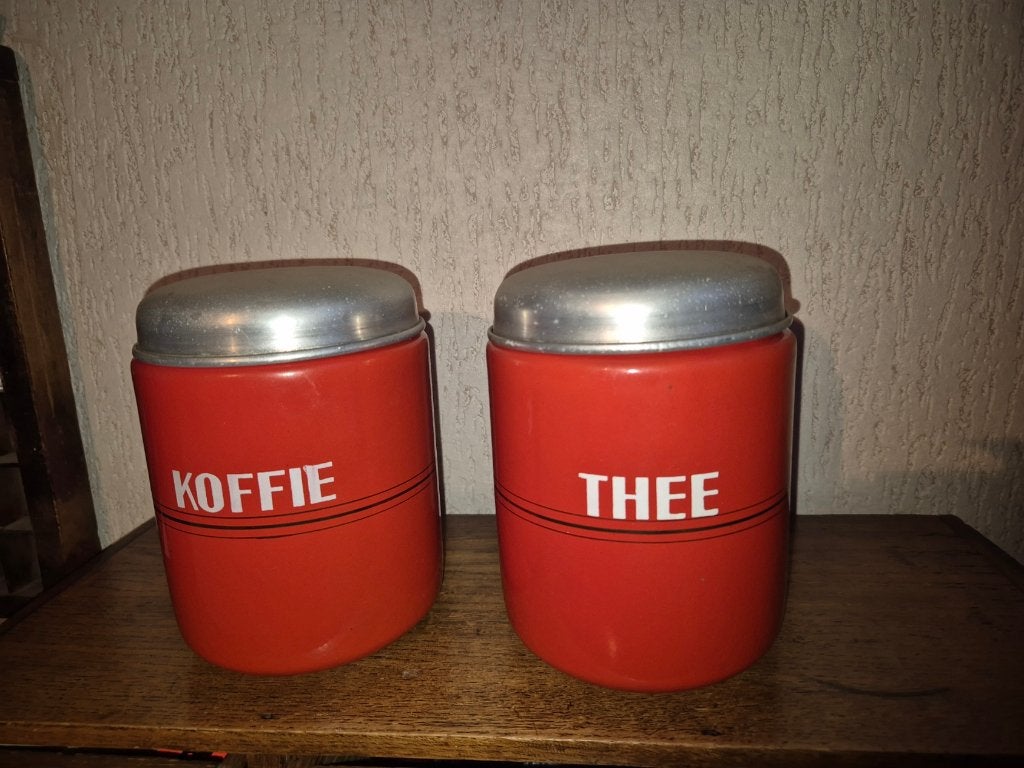 Emaille Koffie thee suiker  bussen rood, Ophalen of Verzenden