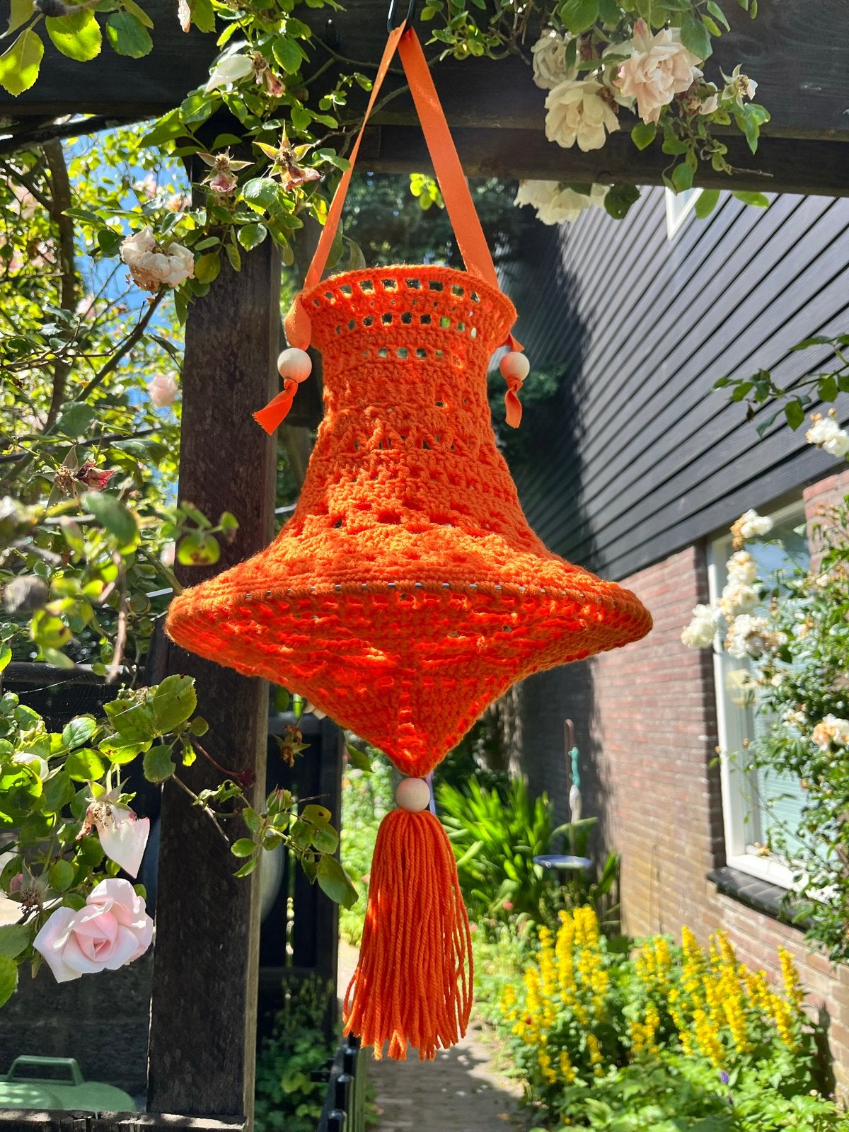 WK Oranje Gehaakte Lampion met Houten Kralen, Hobby en Vrije tijd, Breien en Haken, Nieuw, Ophalen of Verzenden