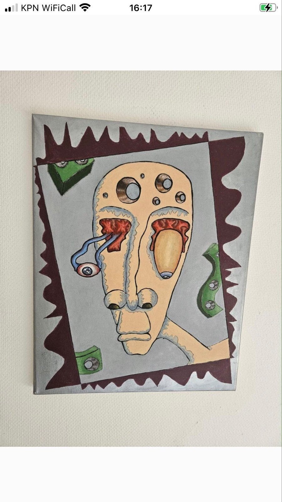 Abstract gezicht met ogen en geld, Ophalen, Abstract, Acrylverf, Handgeschilderd
