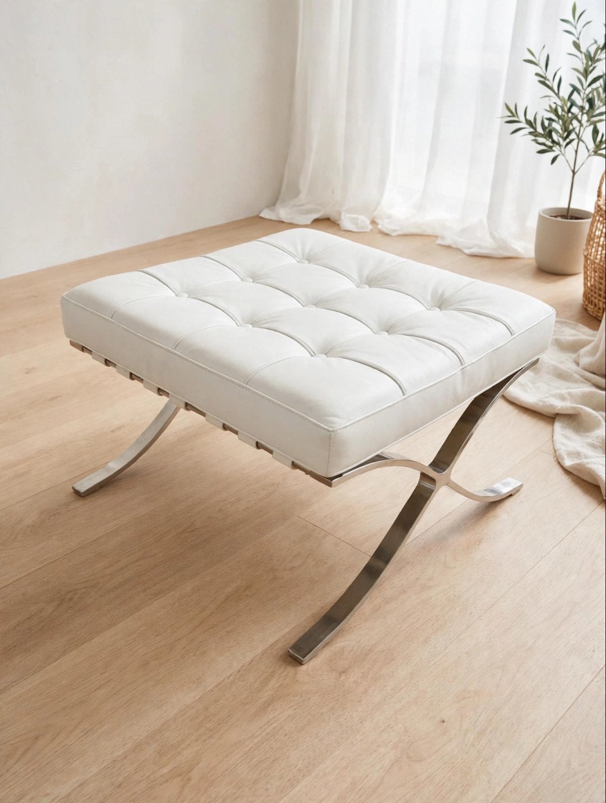 Luxe Witte Lederen Poef - Modern Design, Vierkant, Leer, Ophalen of Verzenden, Zo goed als nieuw