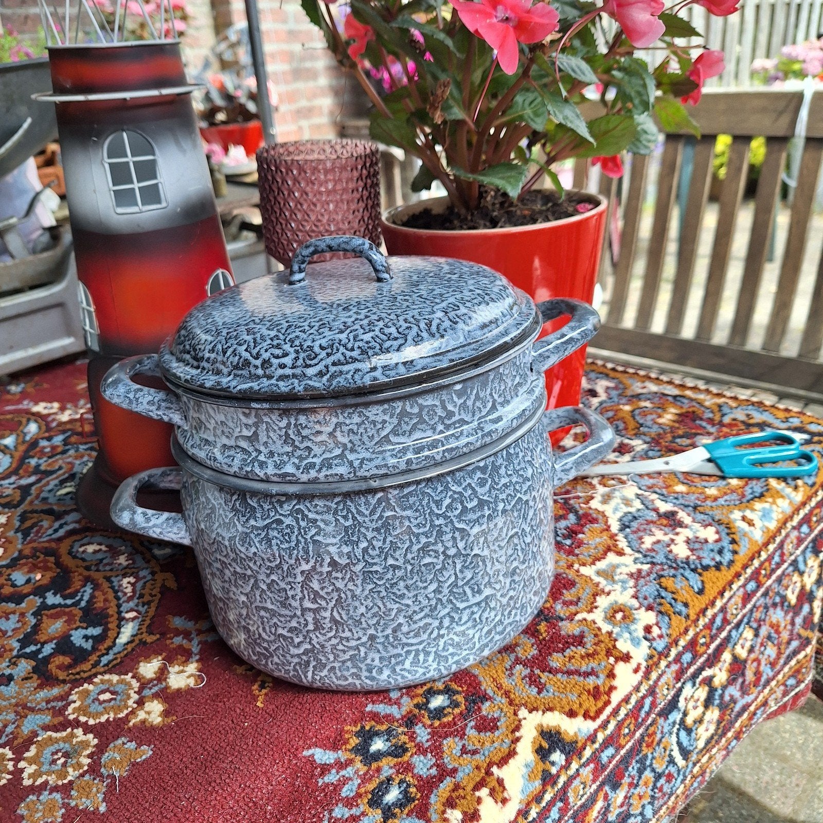 Vintage emaille stoom pan set - grijs gewolkt, Antiek en Kunst, Ophalen of Verzenden