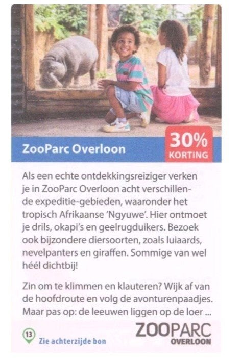 ZooParc Overloon 30% korting, Drie personen of meer, Kortingskaart