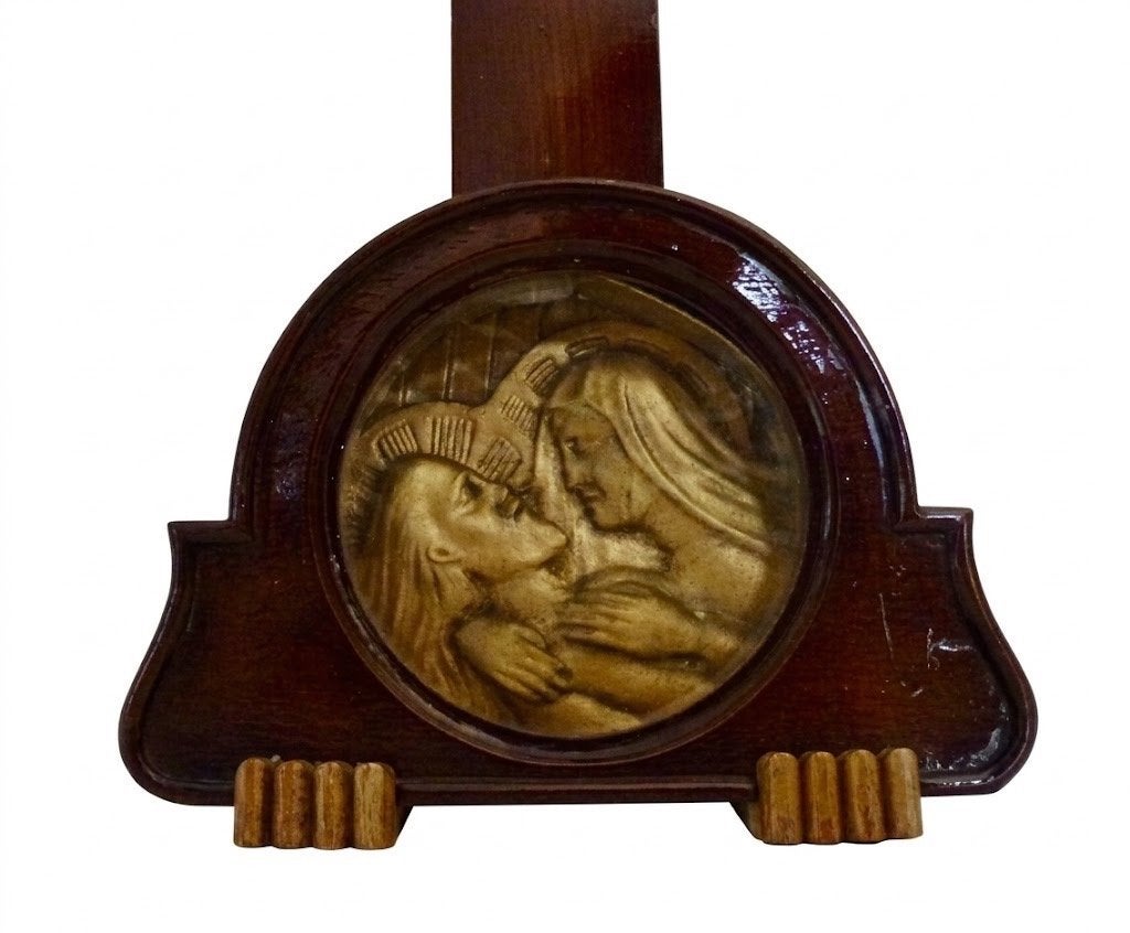 Antiek staand altaarkruis met Pietà-medaillon – Mid-Century., Ophalen of Verzenden