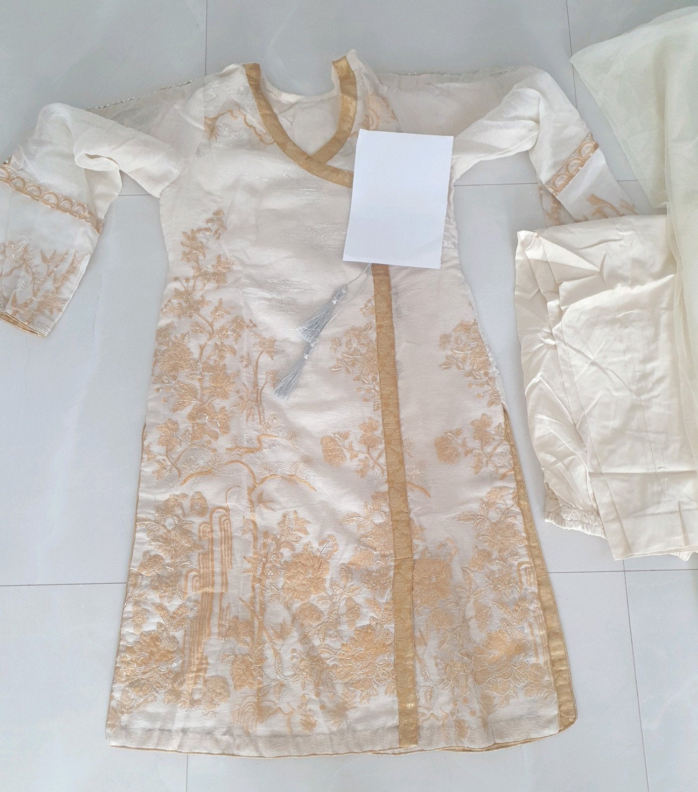 Prachtige Indiase/Pakistaanse kameez met broek en sjaal, Overige typen, Ophalen of Verzenden, Maat 36 (S), Onbekend