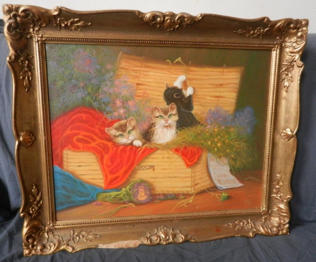Giclee print op doek Drie kittens in mand sign. PLW 35x45 cm, Doek, Realistisch, Dieren, Print