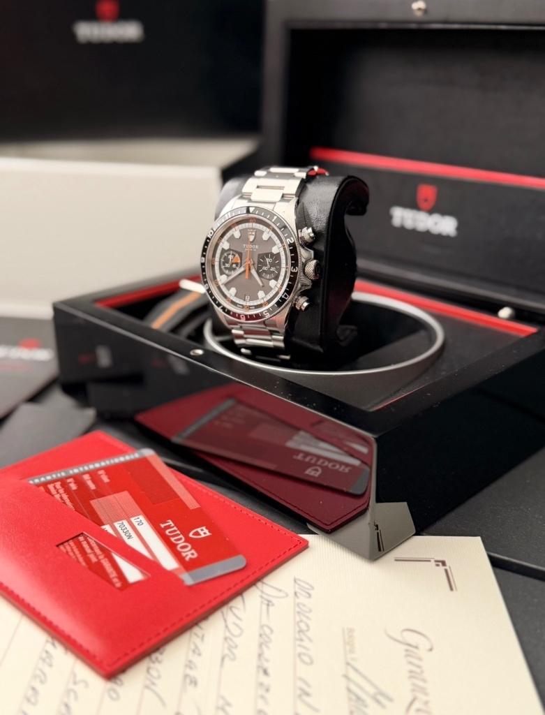 Tudor Heritage Chrono - GRIJZE wijzerplaat&full set - 70300N, Staal, Gebruikt, Staal, Polshorloge