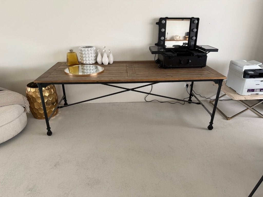 Grote industriële tafel hout & metaal – 220 x 90 cm, 200 cm of meer, 50 tot 100 cm, Zo goed als nieuw, Rechthoekig