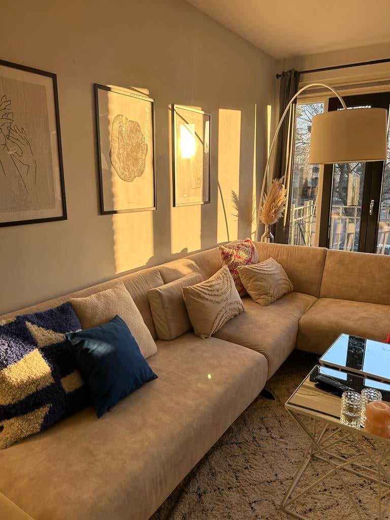 Montél beige hoekbank, Huis en Inrichting, Banken | Bankstellen, Ophalen, Gebruikt, 100 tot 125 cm, Hoekbank