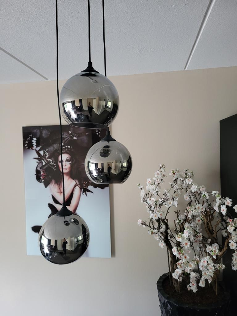 Eric Kuster style hanglamp met 3 smokey bollen incl. lampen, Ophalen, Zo goed als nieuw, Glas, 75 cm of meer