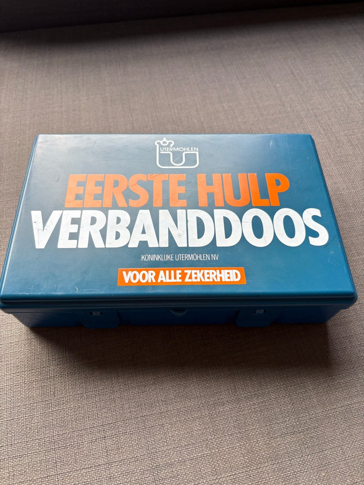 Vintage Koninklijke Utermöhlen EHBO-doos - Blauw, Verzamelen, Ophalen of Verzenden, Gebruikt