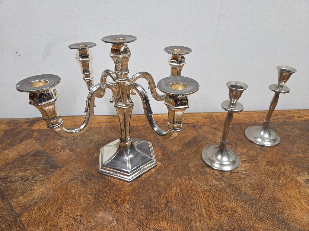Verzilverde kandelaber met kaarsenhouders, Gebruikt, 34 cm, Ophalen of Verzenden, Kandelaar