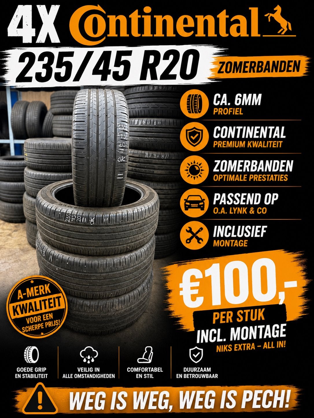 4x 235/45R20 ca6mm Continental zomer €100 pst incl montage, Ophalen, Zomerbanden, Band(en)