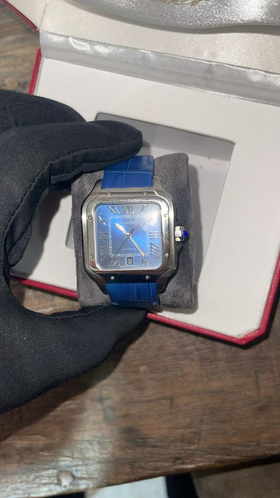 Cartier Santos Blue Horloge, Overige merken, Leer, Staal, Polshorloge