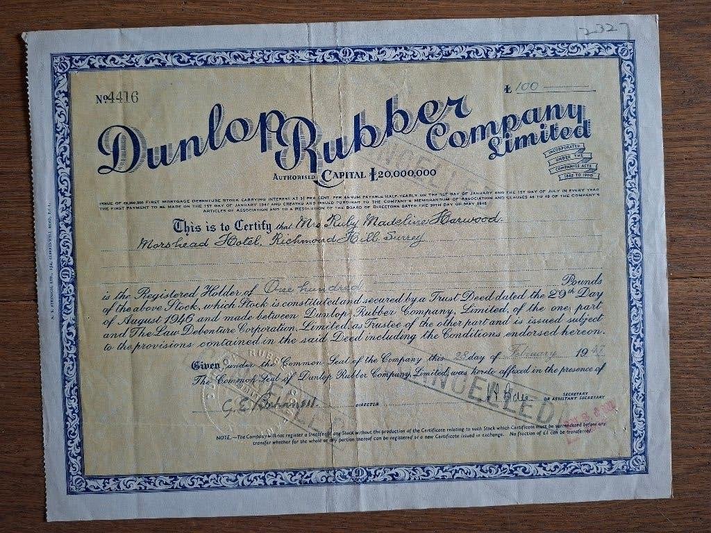 Dunlop Rubber Company Ltd, 1947 (banden, tennis rackets), Ophalen of Verzenden, Aandeel